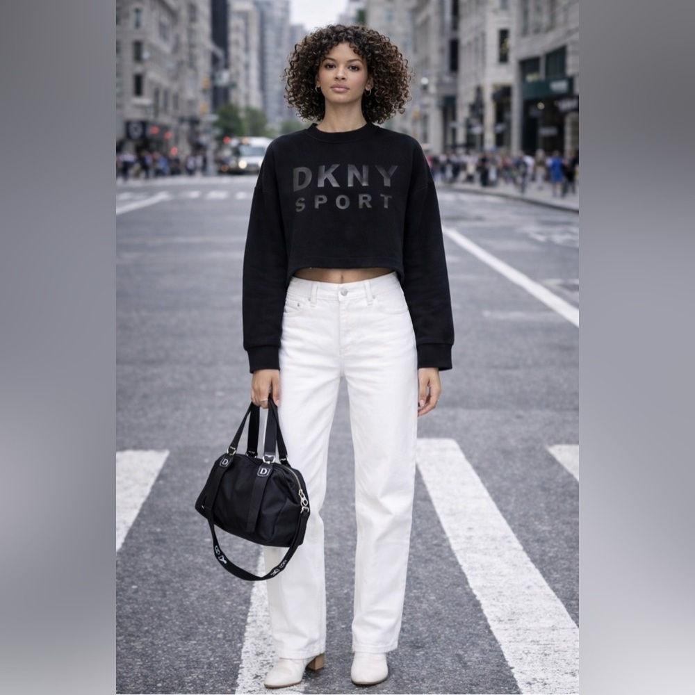 DKNY SPORT crew neck fleece cropped sweatshirt